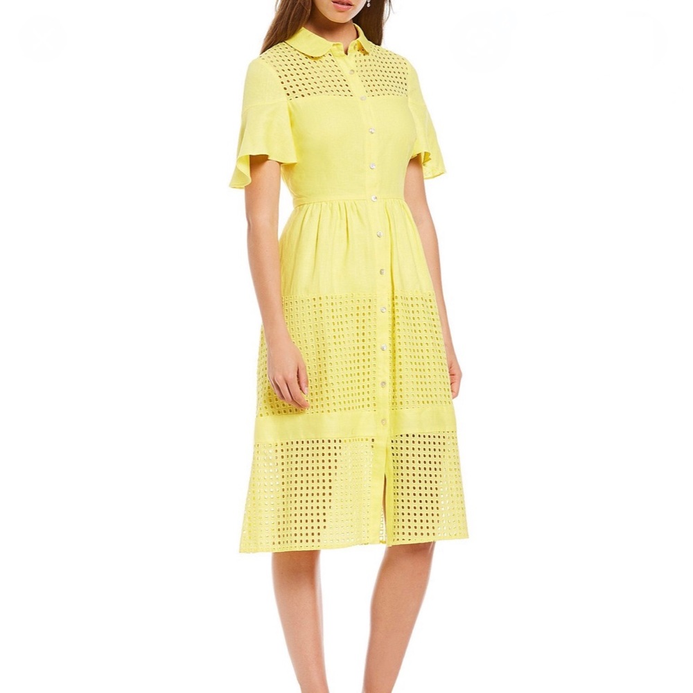 NWT Belle Badgley Mischka Eyelet Midi Dress Yellow